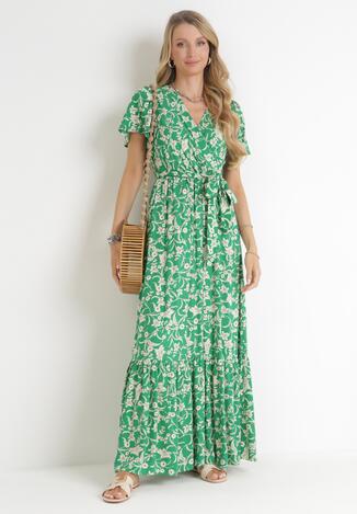 Zielona Sukienka Maxi z Gumką w Pasie w Kwiaty Aretocia