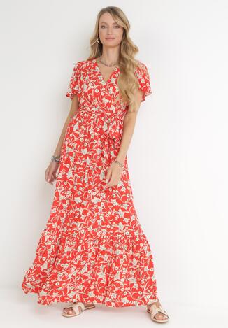 Czerwona Sukienka Maxi z Gumką w Pasie w Kwiaty  Aretocia