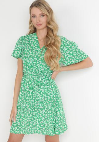Zielona Sukienka z Gumką w Talii i Kopertowym Dekoltem Kolone