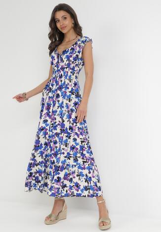 Fioletowo-Niebieska Wiskozowa Sukienka Maxi z Kopertowym Dekoltem i Gumką w Talii Erian