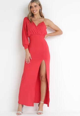 Czerwona Asymetryczna Sukienka Maxi na Jedno Ramię z Łańcuszkiem Przy Ramieniu Kesilli
