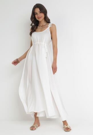 Biała Trapezowa Sukienka z Wiązanymi Ramiączkami i Sznurkiem w Talii Feminia