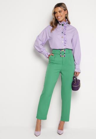 Zielone Eleganckie Spodnie Cygaretki z Wysokim Stanem i Paskiem z Klamerką Consttina