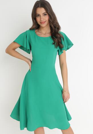 Zielona Rozkloszowana Sukienka z Krótkim Rękawem i Okrągłym Dekoltem Mazima