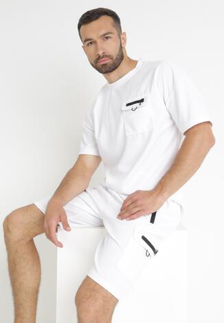 Biały 2-częściowy Komplet Dresowy T-shirt z Kieszenią i Szorty z Gumką w Pasie Hyreusa