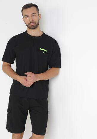 Czarny 2-częściowy Komplet Dresowy T-shirt z Kieszenią i Szorty z Gumką w Pasie Hyreusa