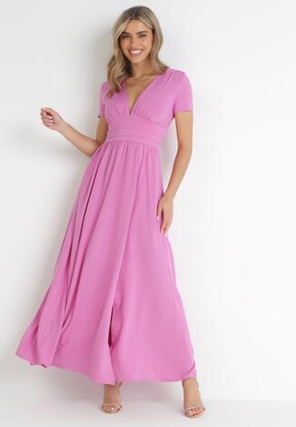 Różowa Rozkloszowana Sukienka Maxi z Głębokim Dekoltem z Rozcięciem Wyla