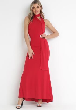 Czerwona Dopasowana Sukienka Maxi z Ozdobnym Wiązaniem Emelinta