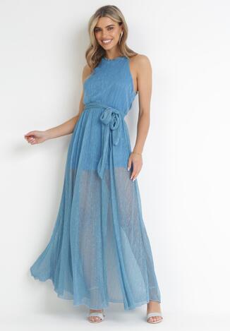 Niebieska Koktajlowa Sukienka z Gumką w Talii z Metaliczną Nicią Lilyan