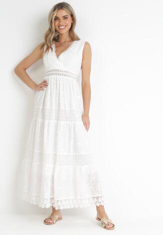 Biała Koronkowa Sukienka Maxi z Kopertowym Dekoltem i Wiązaniem na Plecach Hossia