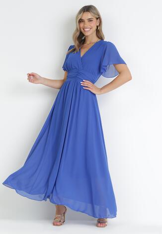 Niebieska Kopertowa Sukienka Maxi z Gumką w Pasie Narlin