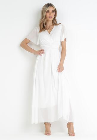 Biała Kopertowa Sukienka Maxi z Gumką w Pasie Narlin