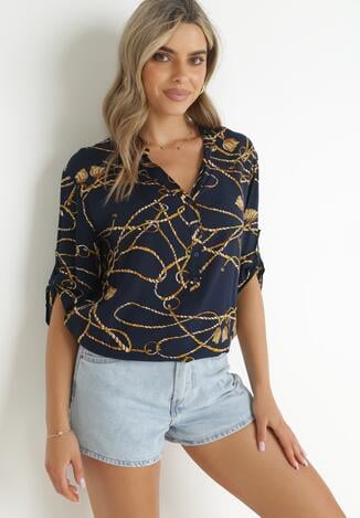 Granatowa Rozkloszowana Bluzka z Rękawami 3/4 z Wiskozy Serenia