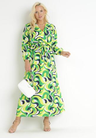 Zielona Rozkloszowana Sukienka Maxi w Fantazyjny Print Blanis