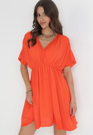 Pomarańczowa Rozkloszowana Sukienka Mini z Gumką w Pasie i Marszczeniami Enzlie
