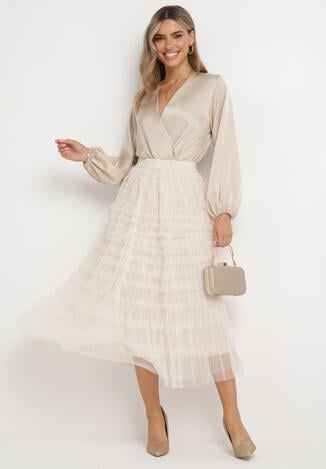 Jasnobeżowa Rozkloszowana Spódnica Maxi z Falbankami z Tiulu Davena