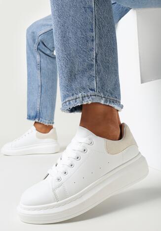 Biało Beżowe Sneakersy z Ozdobnym Zapiętkiem Erita