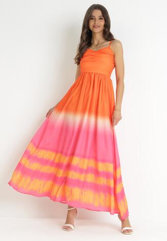 Pomarańczowa Rozkloszowana Sukienka Maxi na Ramiączkach z Cienkimi Gumkami w Pasie Kaloia