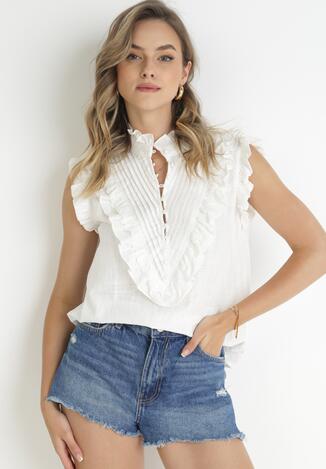 Biała Bluzka z Falbankami bez Rękawów z Lnem Jessam