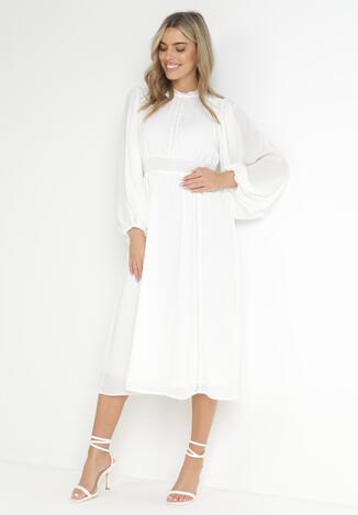 Biała Elegancka Sukienka Midi z Gumkami w Pasie i Ażurowymi Wstawkami Rouxia