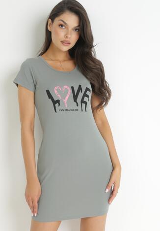 Ciemnozielona Bawełniana Sukienka T-shirtowa z Napisem Avera
