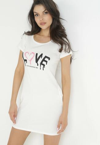 Biała Bawełniana Sukienka T-shirtowa z Napisem Avera