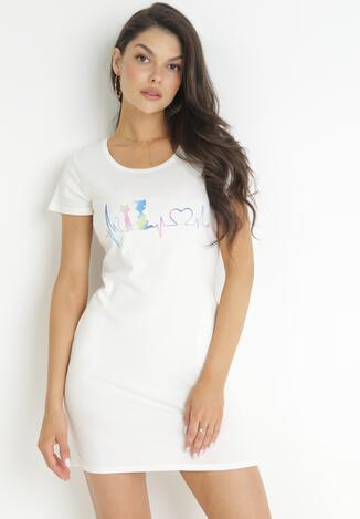 Biała Sukienka T-shirtowa Mini z Nadrukiem Omnia