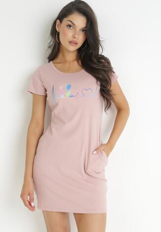 Różowa Sukienka T-shirtowa Mini z Nadrukiem Omnia