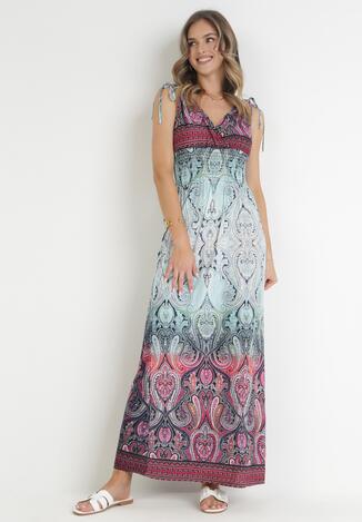 Bordowo-Niebieska Rozkloszowana Sukienka Maxi z Cienkimi Gumkami w Pasie i Kopertowym Dekoltem Clothilda