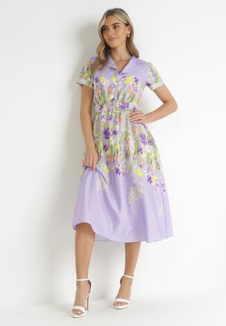 Fioletowa Koszulowa Sukienka w Kwiaty z Paskiem Islaine