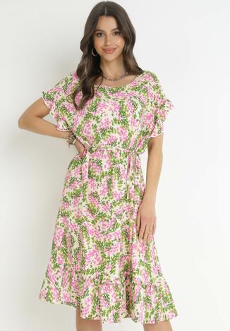 Różowo-Zielona Bawełniana Sukienka w Kwiaty z Falbanką Przy Ramionach Charlota