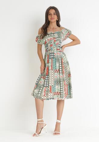 Jasnozielona Bawełniana Sukienka Midi z Hiszpańskim Dekoltem i Gumkami w Pasie Brinlee