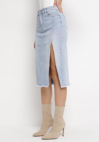Jasnoniebieska Jeansowa Spódnica Midi Trapezowa z Przetarciami i Rozcięciem Rosla