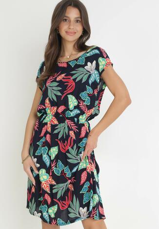 Granatowa Wiskozowa Sukienka Midi z Gumką w Pasie z Motywem Roślinnym Mireli