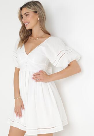 Biała Sukienka Mini z Głębokim Dekoltem z Lnu i Bawełny Janova