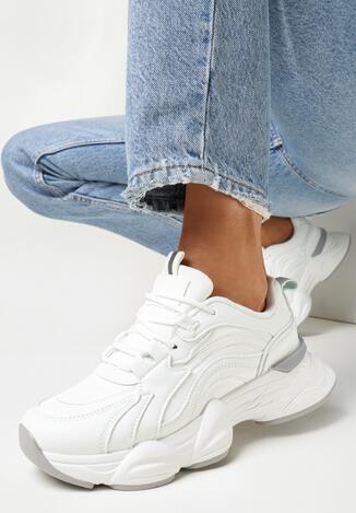 Białe Sznurowane Sneakersy na Grubej Podeszwie ze Żłobieniami Acanthis