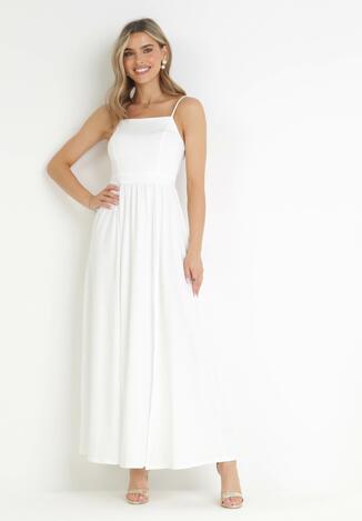 Biała Sukienka Maxi na Ramiączkach z Rozcięciem na Dole i Kwadratowym Dekoltem Jacklyn