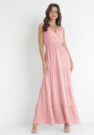 Różowa Sukienka Maxi z Kopertowym Dekoltem i Gumką w Pasie Eiliana