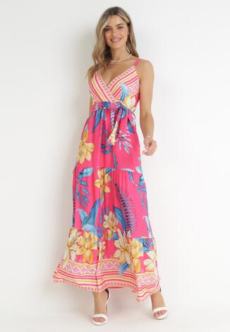 Fuksjowa Sukienka Maxi w Kwiatowy Wzór na Ramiączkach Brixle