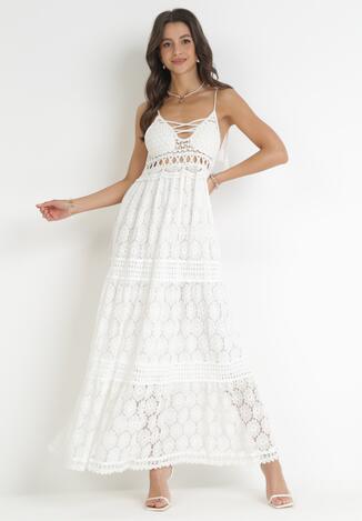 Biała Sukienka Maxi z Wiązaniem przy Dekolcie i Ażurowymi Wstawkami Belaida