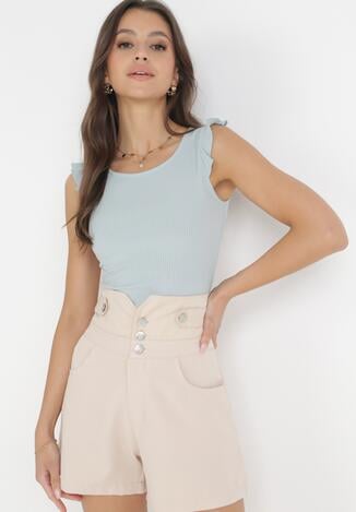 Beżowe Luźne Szorty High Waist z Guzikami Angelucci