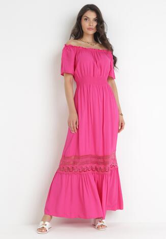 Różowa Sukienka Hiszpanka ze Zdobieniem z Koronki Zinnin