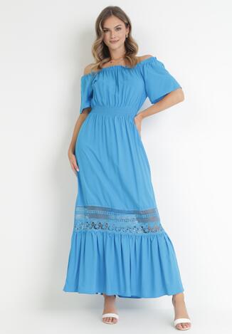 Niebieska Sukienka Hiszpanka ze Zdobieniem z Koronki Zinnin