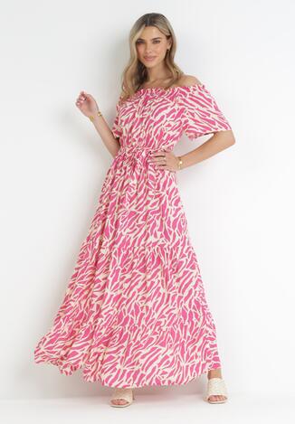 Różowa Sukienka Maxi o Fasonie Hiszpanki z Gumką w Talii z Wiskozy Trerene