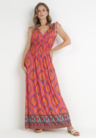 Pomarańczowa Rozkloszowana Sukienka Maxi z Gumką w Pasie z Wiskozy Yasuri