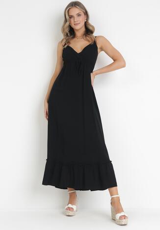 Czarna Sukienka Maxi na Cienkich Ramiączkach z Gumką w Pasie i Kopertowym Dekoltem Haenithe