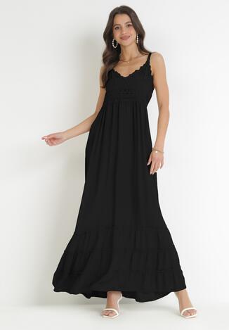 Czarna Sukienka Maxi na Ramiączkach z Koronkowymi Wstawkami i Falbankami Lemera