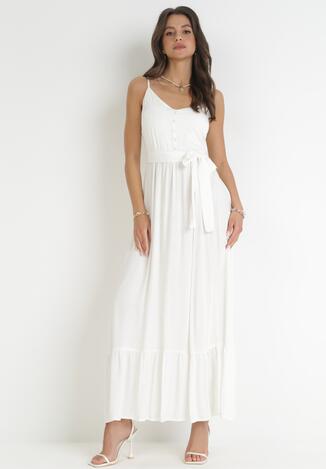Biała Wiskozowa Sukienka Maxi na Ramiączkach z Falbankami Rosienda
