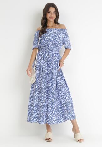 Niebieska Sukienka Maxi Hiszpanka z Marszczoną Gumką w Talii z Wiskozy Skarlet