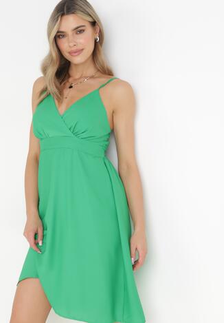 Zielona Gładka Sukienka Odcięta w Talii z Kopertowym Dekoltem Markia